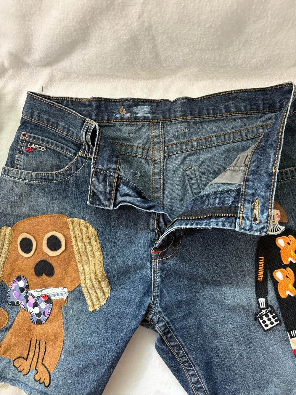 Upcycled Boho Jean Shorts Hand-Stitched Embroidered Puppy Patchwork Raw Hem Lg